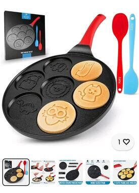 Nonstick Round Mini Pancake Pan 7 Animal Face Designs & Two Spatulas Llama, Dino